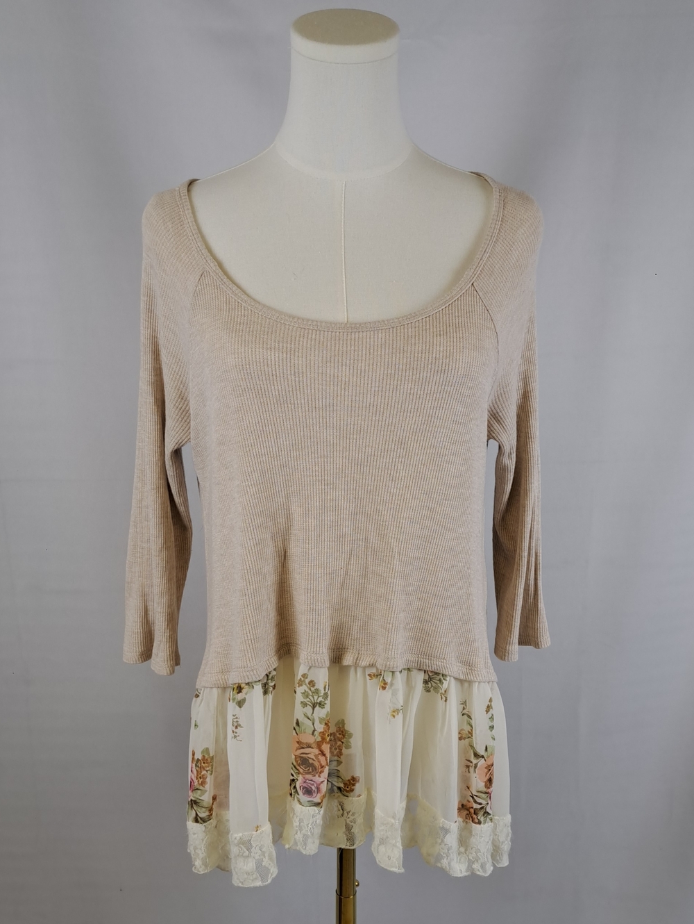 ODDI Beige Waffle Knit Scoop Neck Top Floral Chiffon Lace Hem Coquette Fairy S